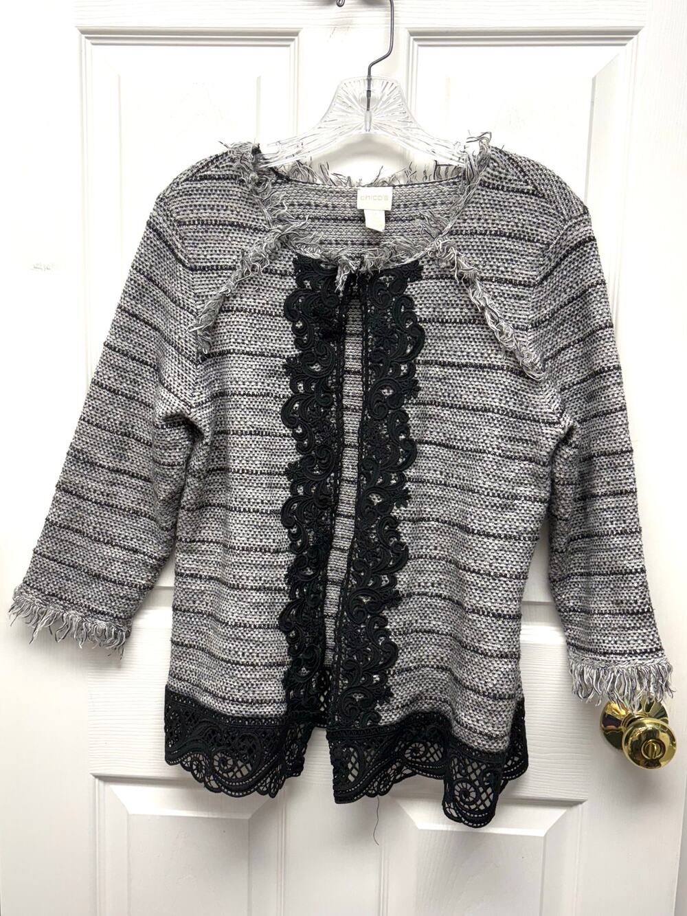 Chico’s Sweater Open Front Cardigan Lace Trim Frayed Edges Size 2 or Womens L